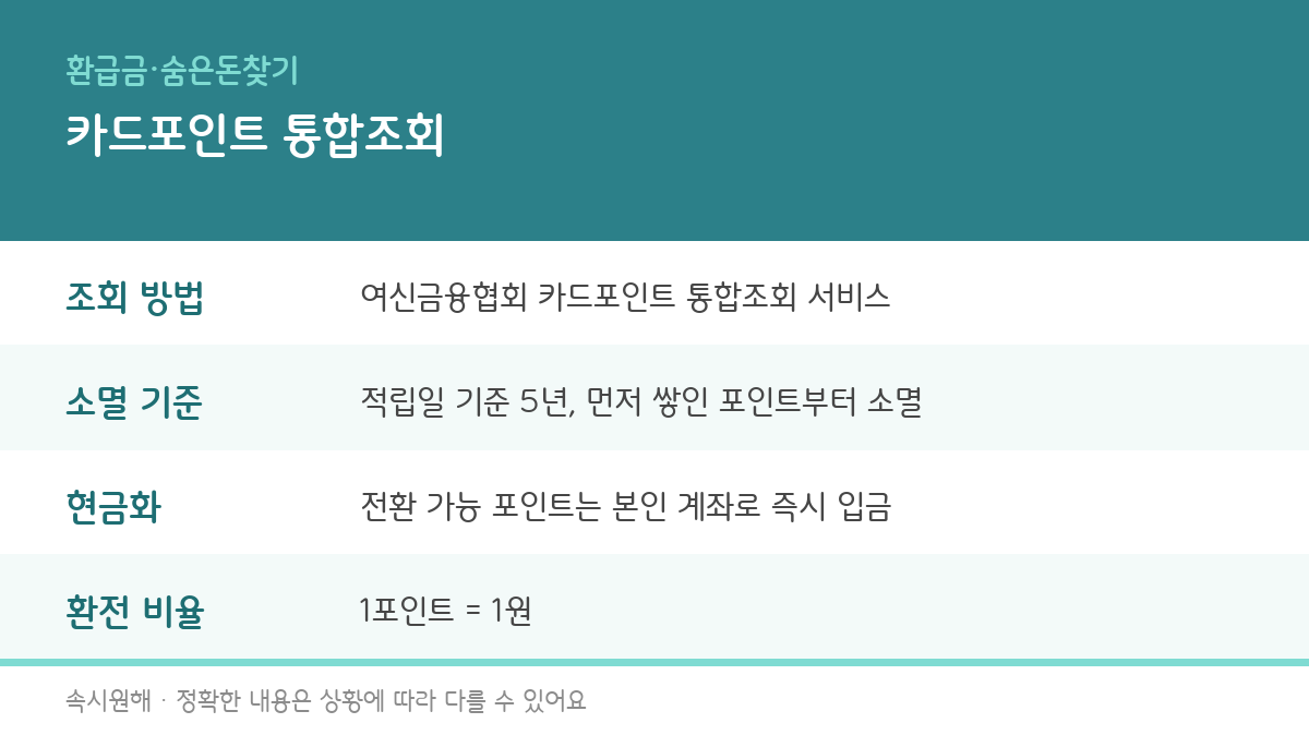 카드포인트 통합조회 방법과 소멸 전 계좌입금 현금화 방법을 정리한 인포그래픽