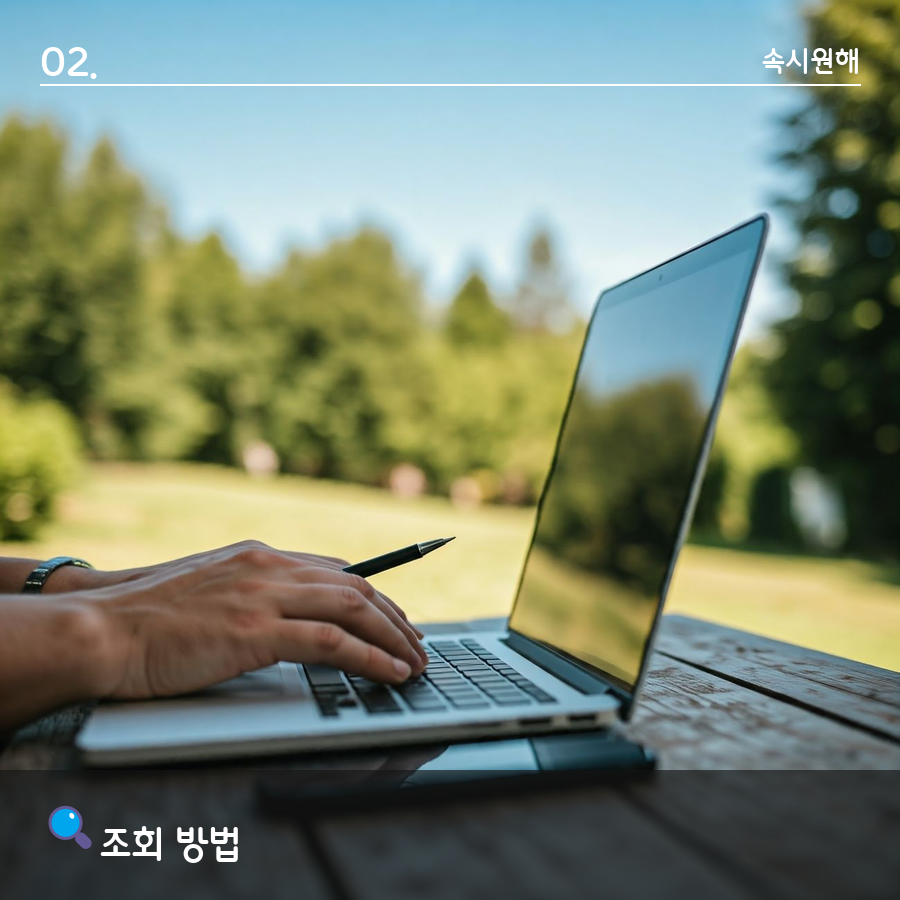 야외 나무 테이블에서 노트북 키보드를 두드리는 손, '조회 방법' 섹션 이미지