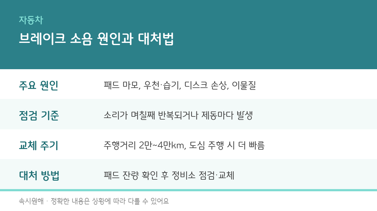 자동차 브레이크 소음 원인과 패드 교체 시기를 정리한 인포그래픽