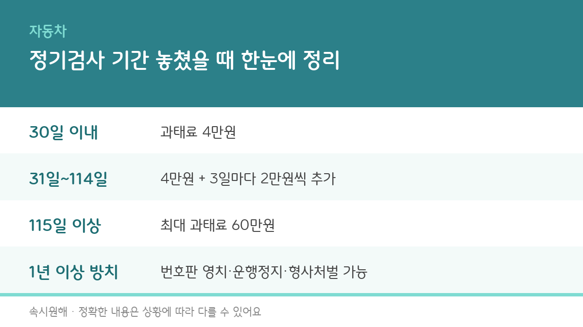 자동차 정기검사 기간을 놓쳤을 때 과태료 구간별 금액과 대처법을 정리한 인포그래픽