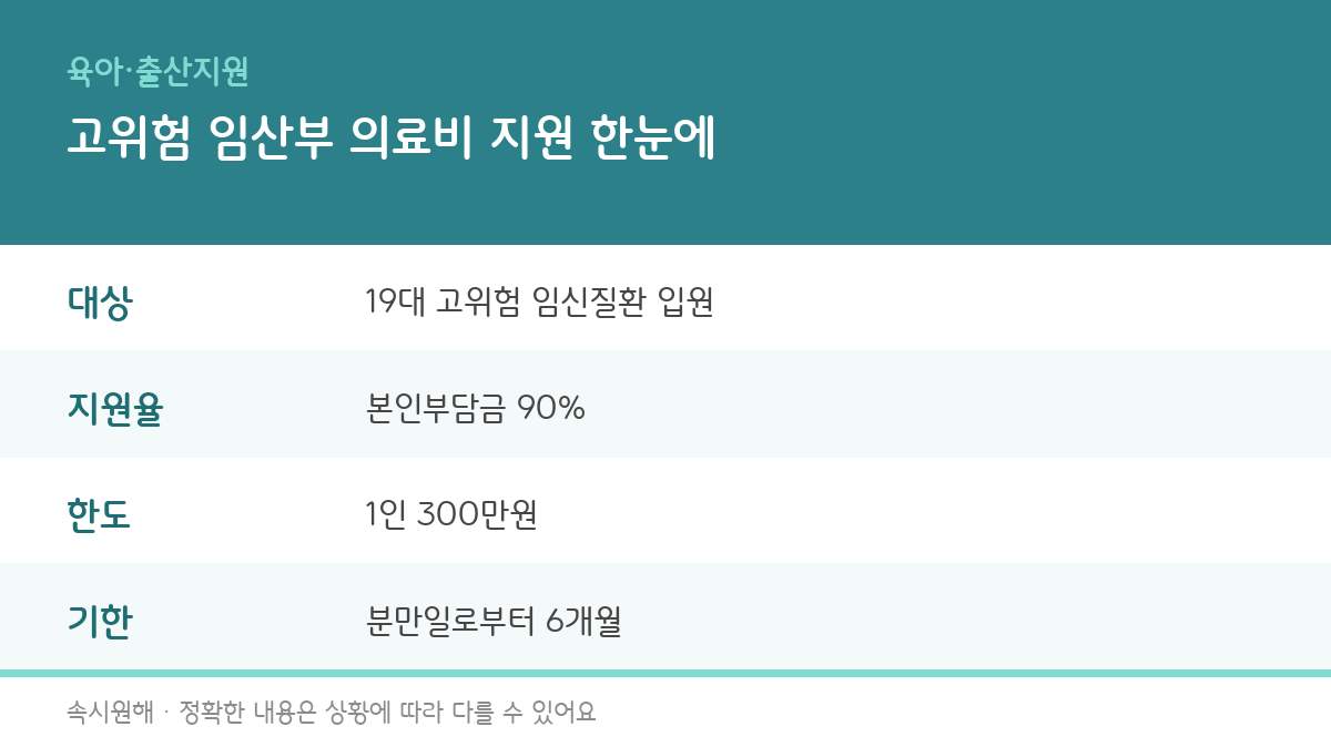 고위험 임산부 의료비 지원사업 지원대상, 지원율, 지원한도, 신청기한을 정리한 인포그래픽