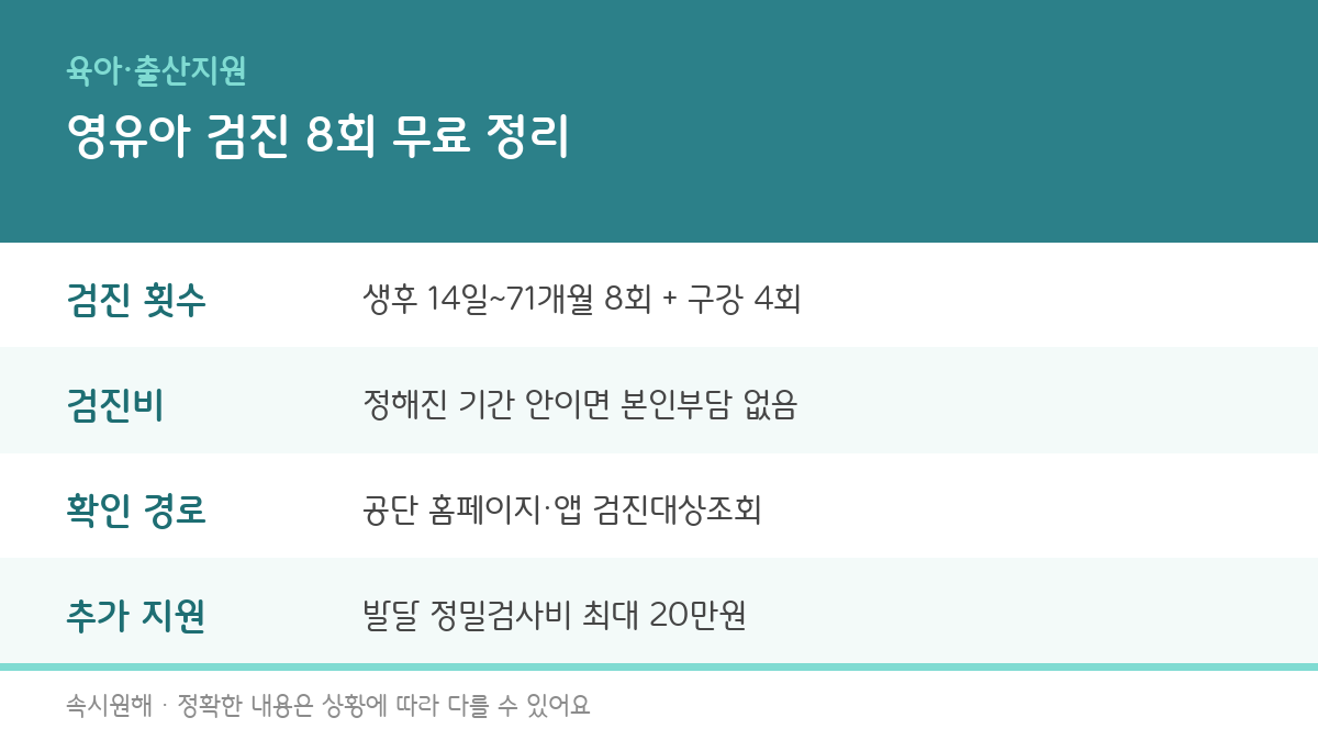 영유아 검진 횟수, 비용, 확인 경로, 발달 정밀검사비 지원을 정리한 인포그래픽