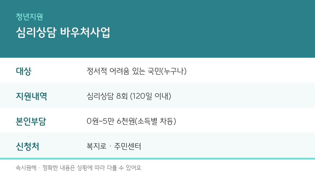 심리상담 바우처사업의 지원대상, 지원내용, 본인부담금, 신청처를 정리한 인포그래픽