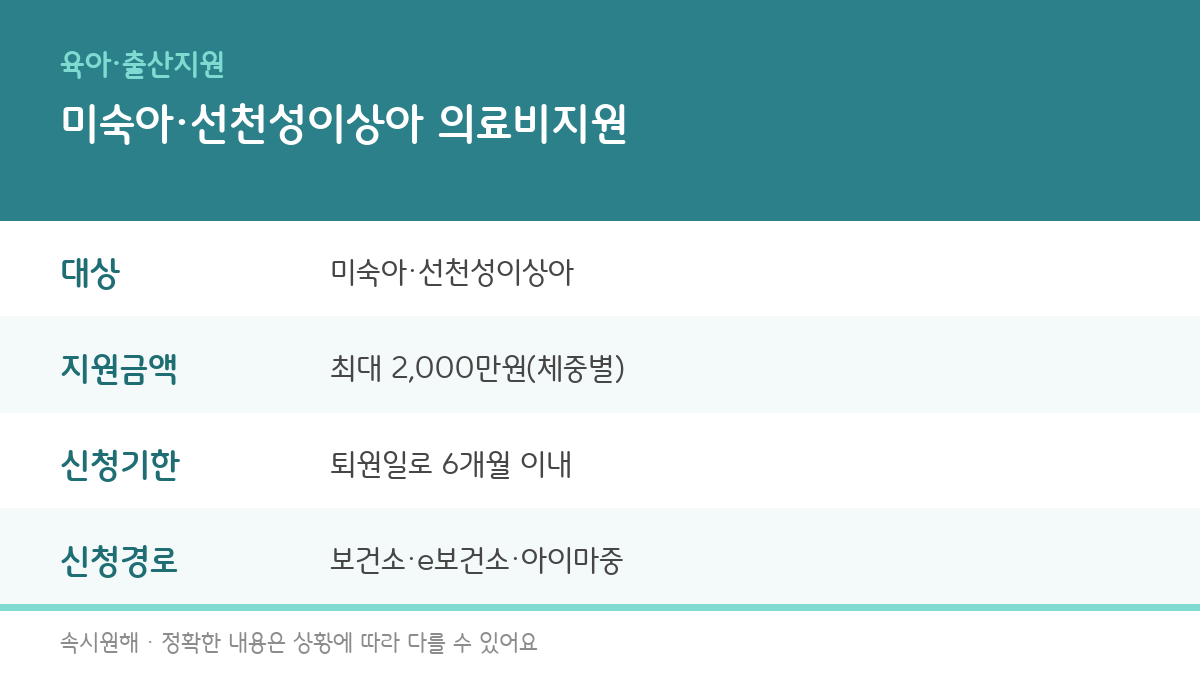미숙아·선천성이상아 의료비 지원의 대상, 지원금액, 신청기한, 신청경로를 정리한 인포그래픽