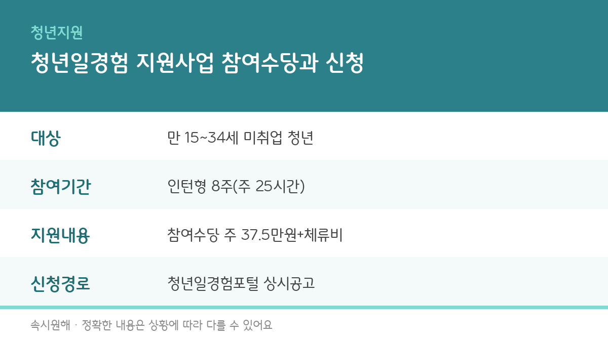 청년일경험 지원사업의 신청대상, 참여기간, 지원내용, 신청경로를 정리한 인포그래픽